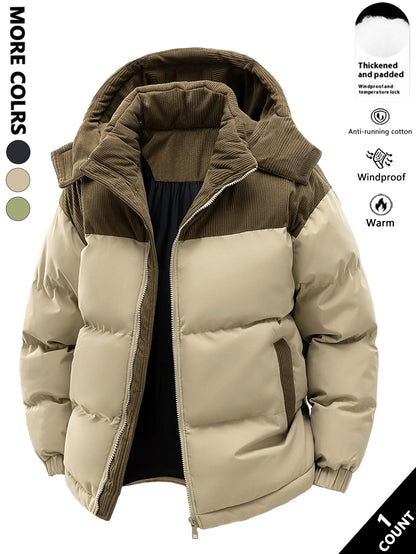 Unisex Winter Steppjacke mit Kapuze, gepolstert, Kord-Details