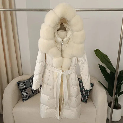 Damen Daunenmantel mit Pelzkapuze und Bindegürtel, gepolstert, lange Winterjacke