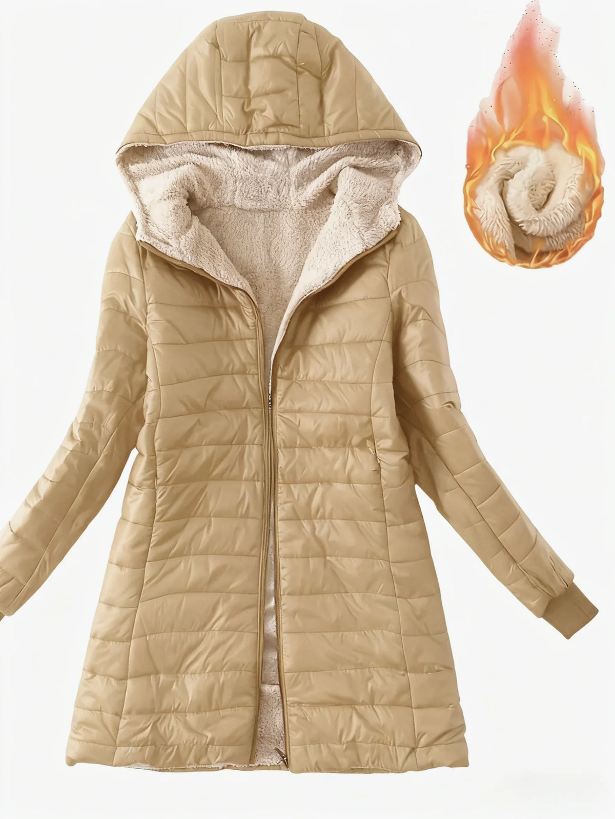 Damen Steppjacke mit Kapuze, gefüttert mit Kunstfell, langer Schnitt