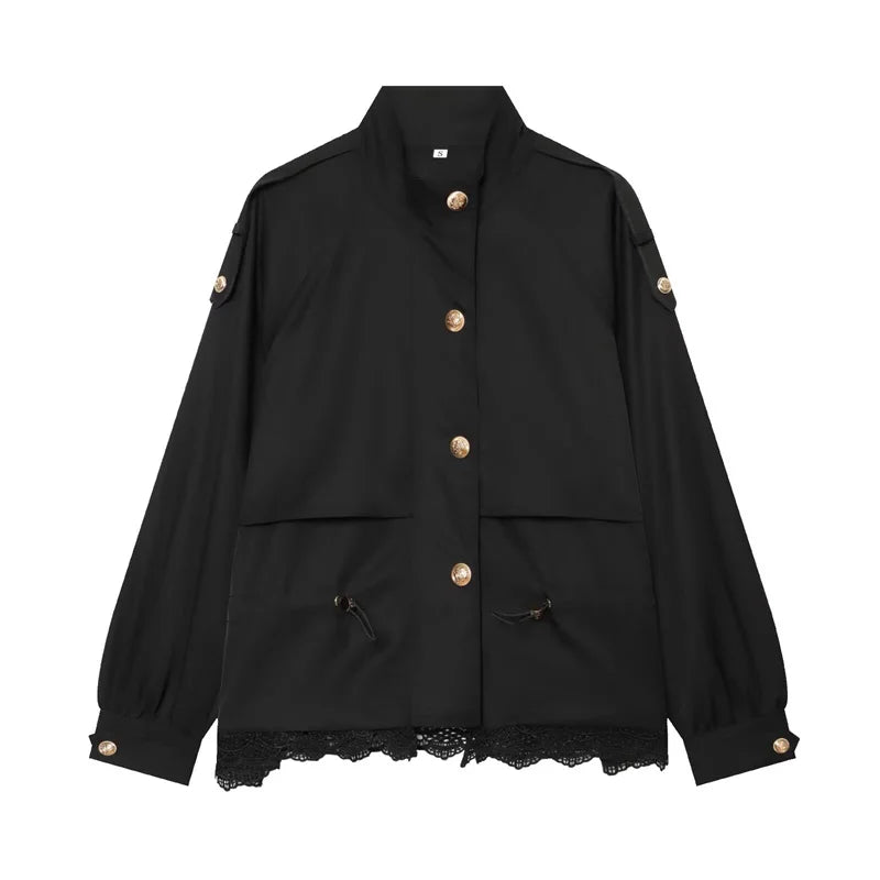 Women's Jacket with Stand Collar, Waist Drawstring and Lace Trim at the Hem