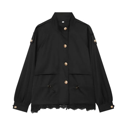 Women's Jacket with Stand Collar, Waist Drawstring and Lace Trim at the Hem