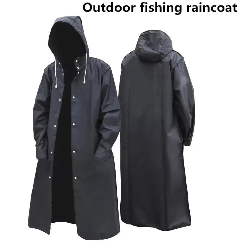 Unisex Regenmantel Lang Schwarz mit Kapuze Druckknöpfen