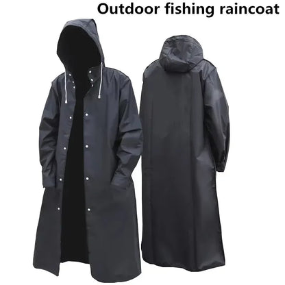 Unisex Regenmantel Lang Schwarz mit Kapuze Druckknöpfen
