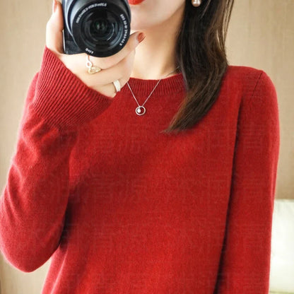 Damen Rundhals Pullover Langarm Basic Strickpullover