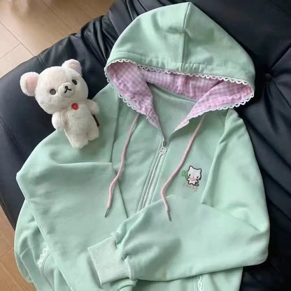 Women's hoodie with zipper, hood and cat embroidery