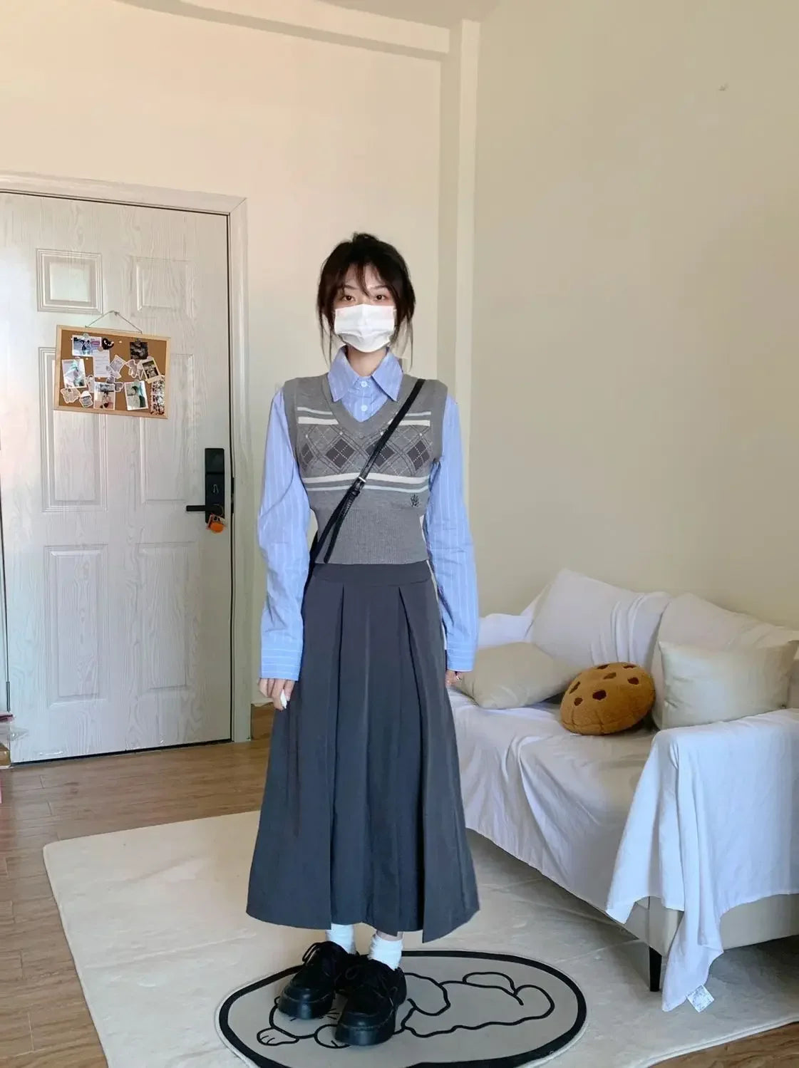 Women's gray midi pleated skirt with argyle knitted vest and shirt set