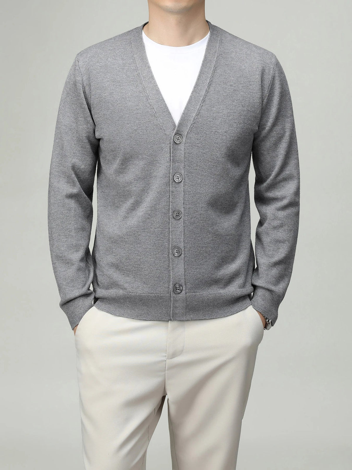 Men's V-neck cardigan with button placket, plain
