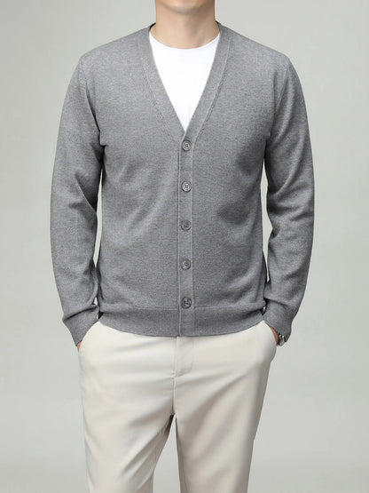 Men's V-neck cardigan with button placket, plain