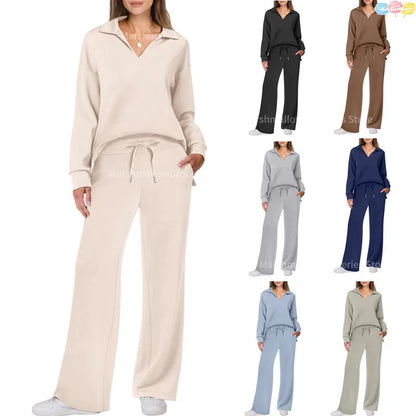 Women's leisure set with wide leg and V-neck – Comfortable loungewear outfit for everyday & travel