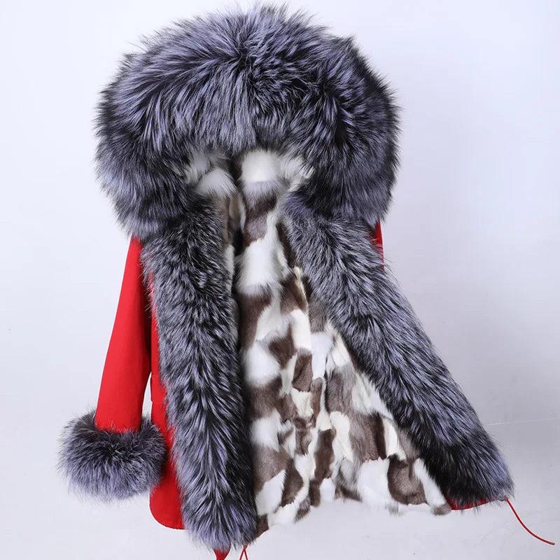 Women's winter parka with pink faux fur lining & hood