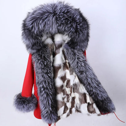 Women's winter parka with pink faux fur lining & hood