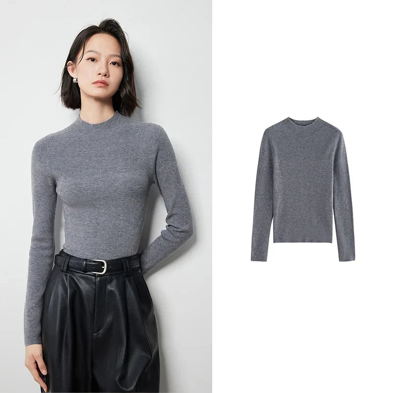 Women's Long-Sleeve Sweater Mock Neck Crew Neck Basic Top in Various Colors