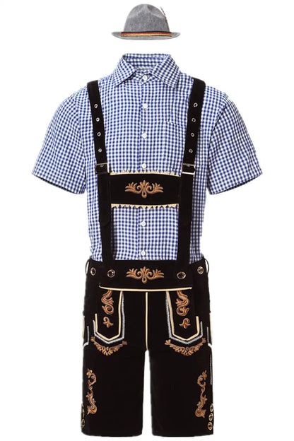 Men’s traditional outfit: lederhosen, shirt, hat, quilted details, various colors