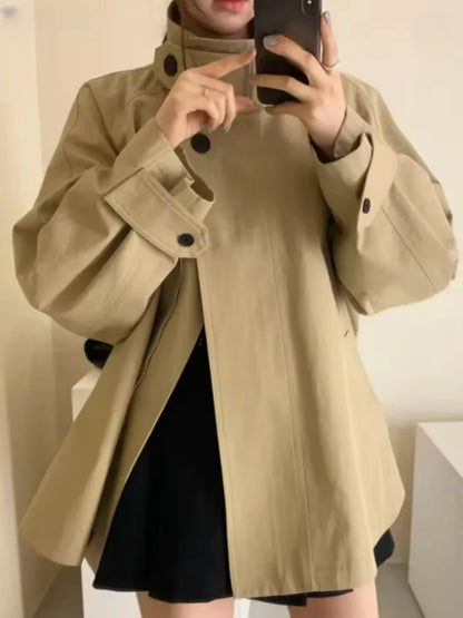 Damen Jacke Kurzer Trenchcoat Stehkragen Oversize khaki