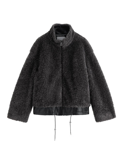 Women's teddy faux fur jacket with stand-up collar and zipper