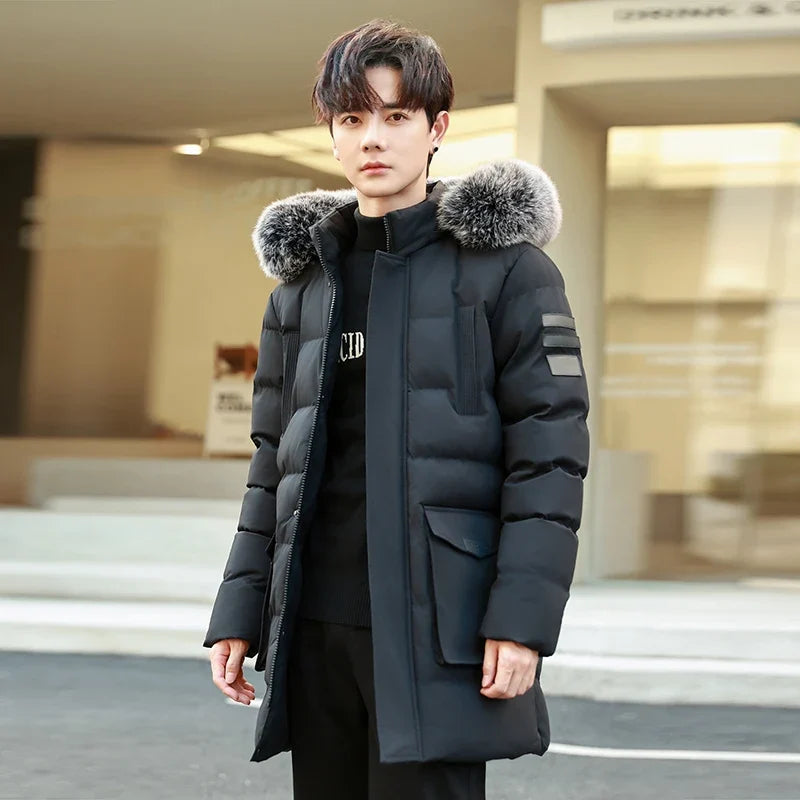 Men's winter jacket, quilted, with fur hood, parka, warm and lined