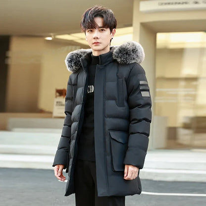 Men's winter jacket, quilted, with fur hood, parka, warm and lined