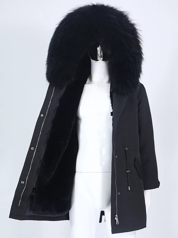 Women's winter parka with hood and fur trim, warm jacket, unisex