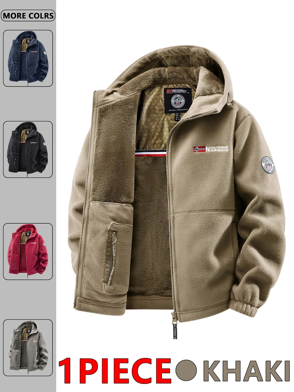 Men's fleece jacket with hood and zipper, lined, in various colors