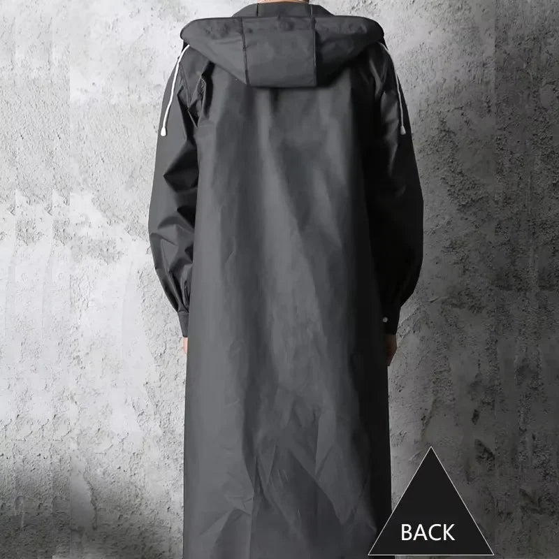 Unisex Regenmantel Lang Schwarz mit Kapuze Druckknöpfen