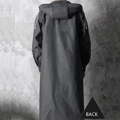 Unisex Regenmantel Lang Schwarz mit Kapuze Druckknöpfen