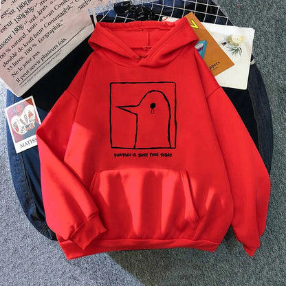 Hoodie or sweatshirt with cartoon bird motif, "Punpun is just fine today" print