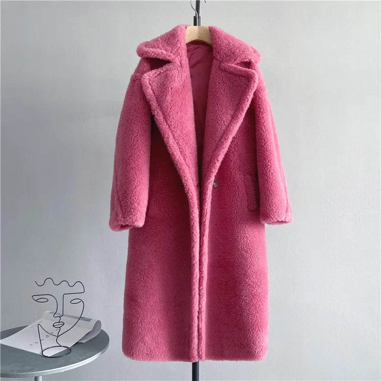 Damen Teddyfell-Mantel Lang Zweireihig Beige Winter