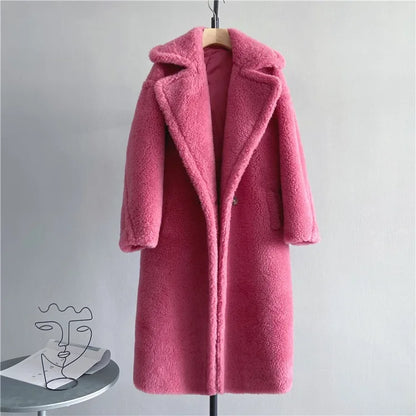 Damen Teddyfell-Mantel Lang Zweireihig Beige Winter