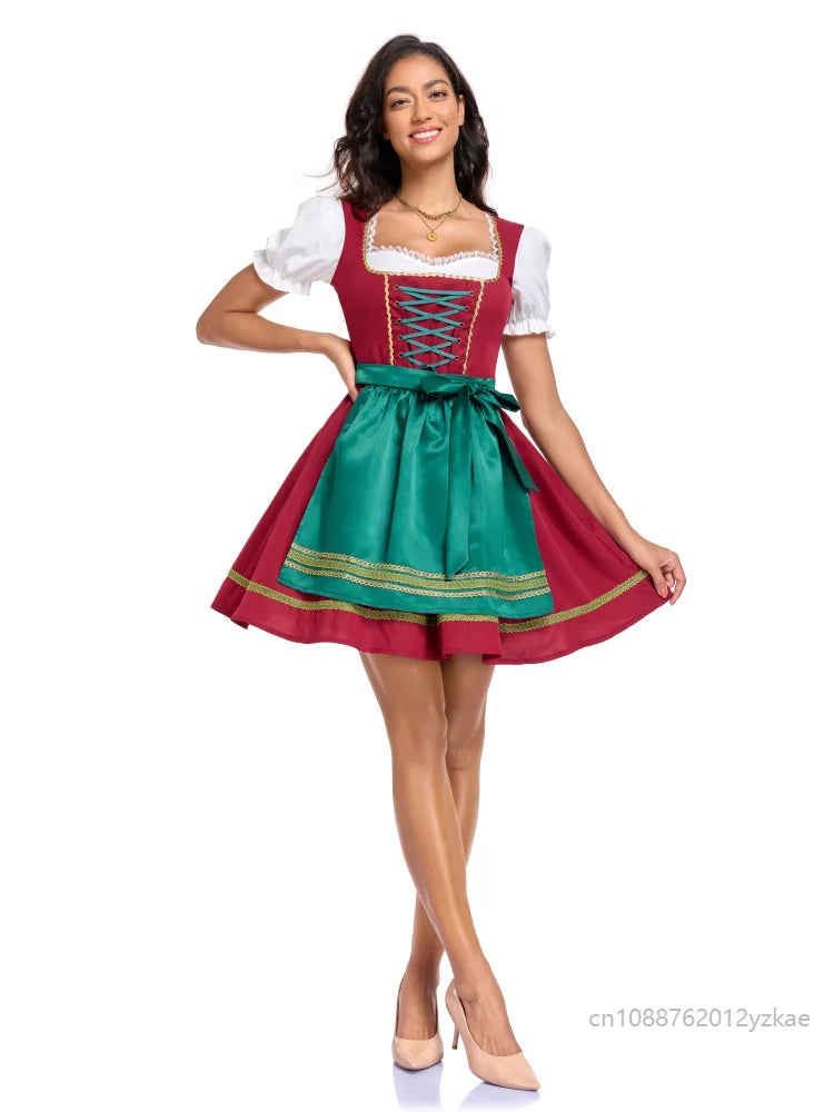 Damen Dirndl Minikleid Rot Grün mit Schnürung Schürze