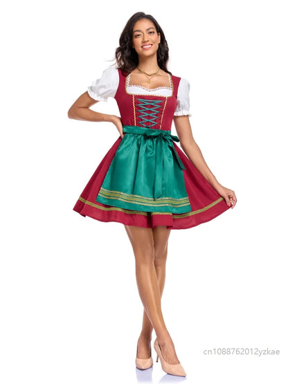 Damen Dirndl Minikleid Rot Grün mit Schnürung Schürze
