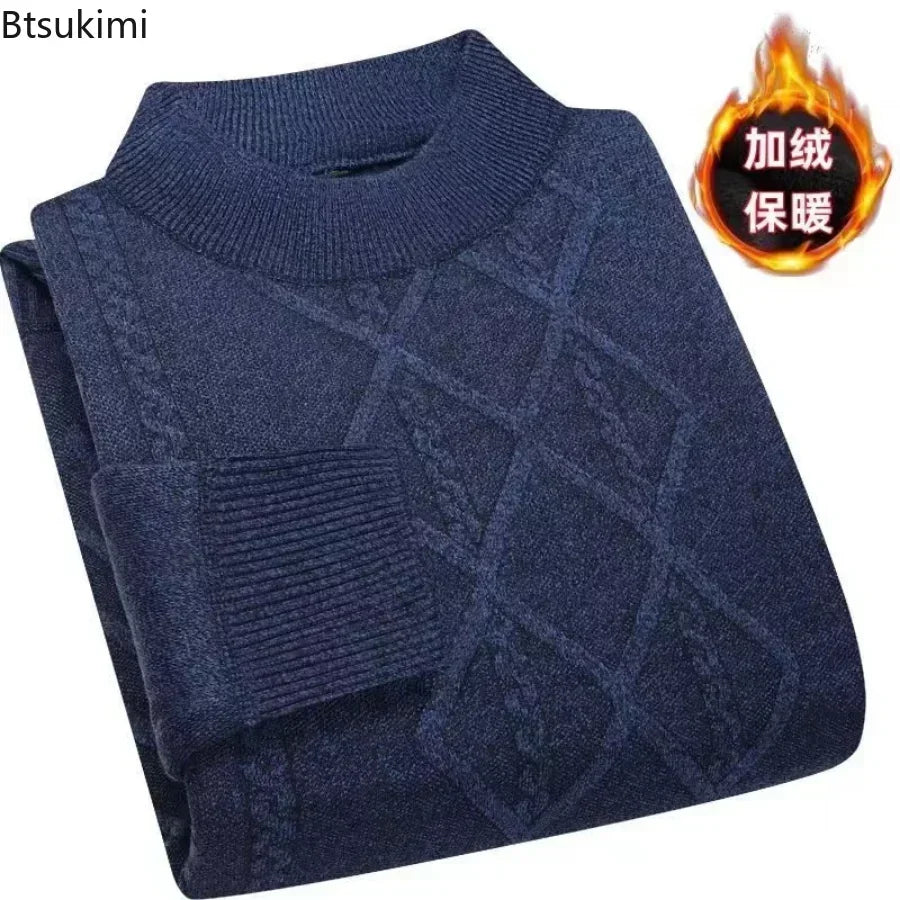 Men's turtleneck knitted sweater with diamond pattern, warm for winter