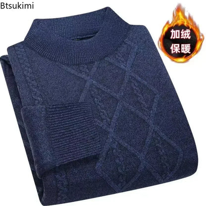 Men's turtleneck knitted sweater with diamond pattern, warm for winter