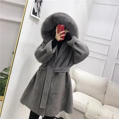 Women's Short Coat with Fur Collar and Fur Cuffs, Belted Wrap Coat