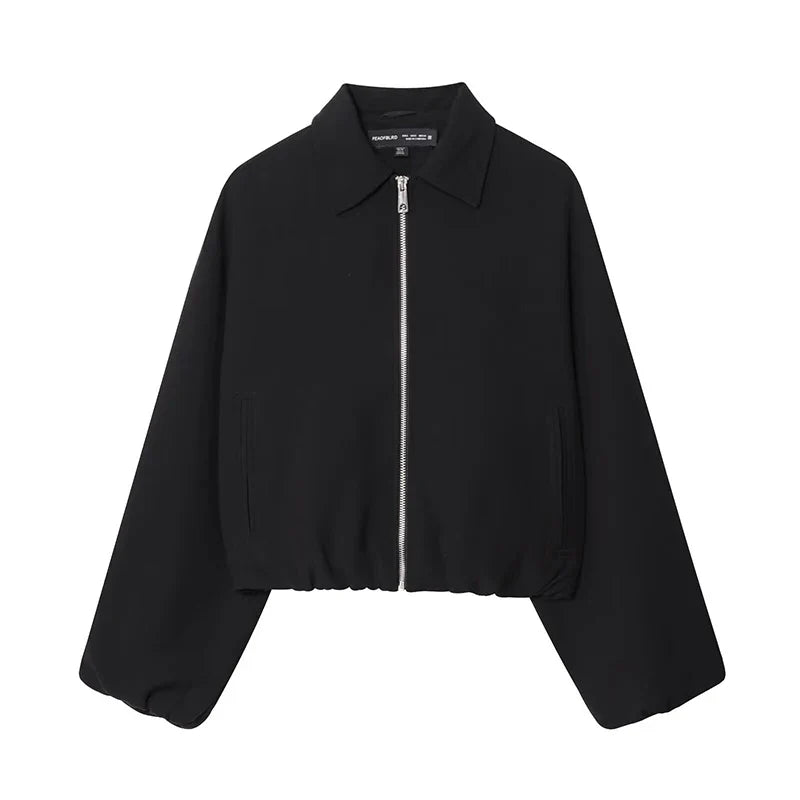 Short women's bomber jacket with collar, zipper, and long sleeves