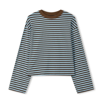 Gestreiftes Langarmshirt Damen Rundhalsausschnitt Oversize Cropped