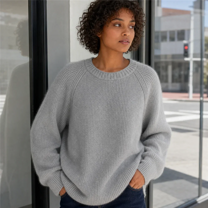 Women's Oversized Crewneck Knit Sweater with Raglan Sleeves