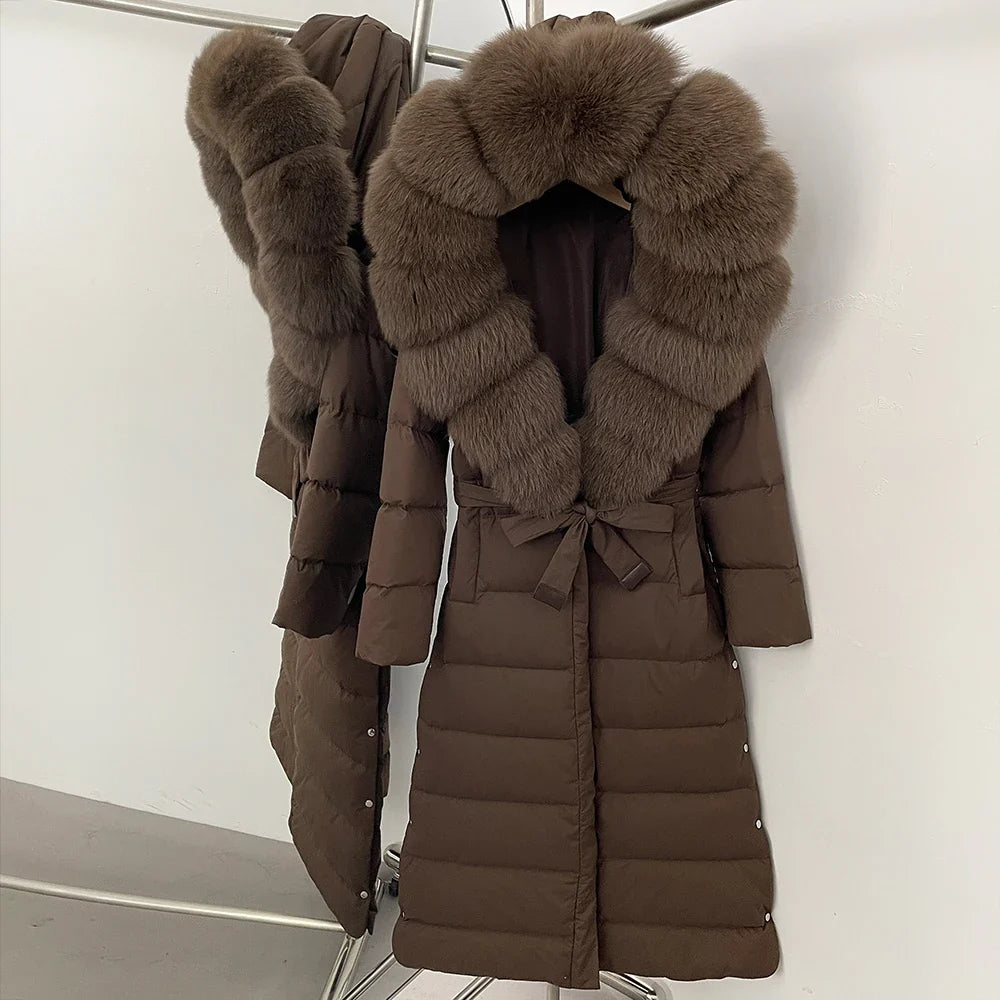 Damen Winter Steppmantel Lang mit Kunstfellkragen Bindegürtel