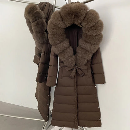 Damen Winter Steppmantel Lang mit Kunstfellkragen Bindegürtel