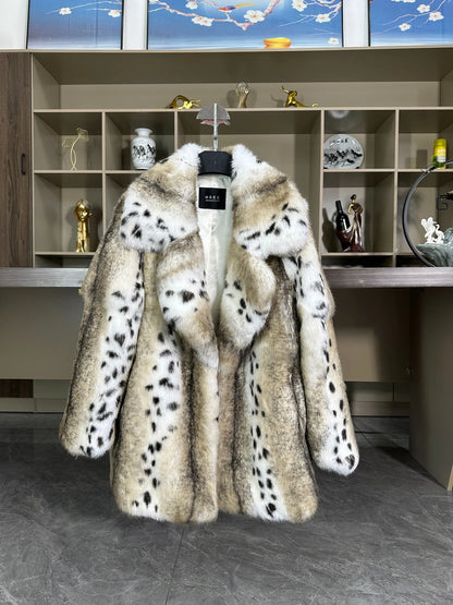 Women's faux fur short coat with leopard print pattern and notched collar