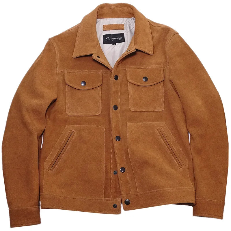 Herren Wildleder-Look Jacke in Braun mit Knopfleiste und Taschen