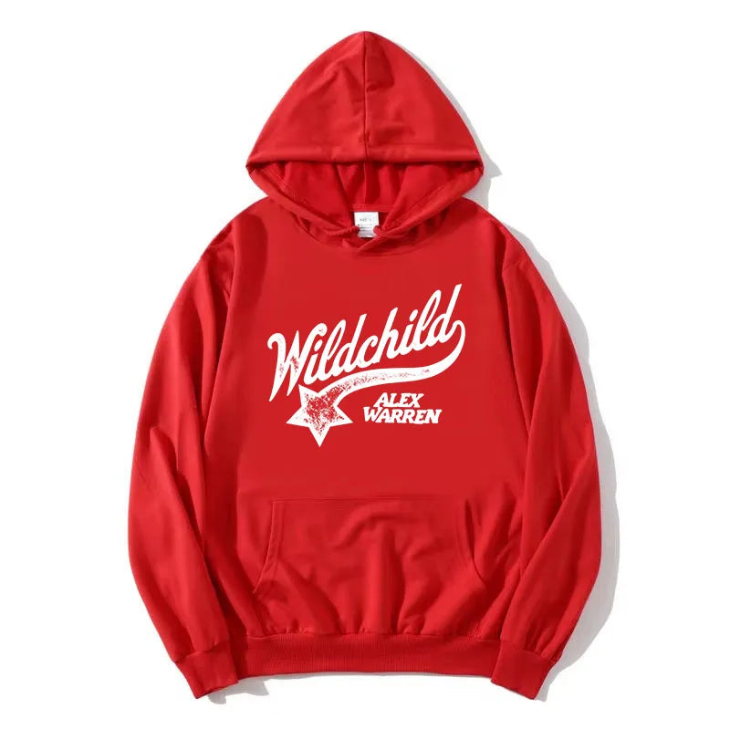 Unisex red hoodie with "Wildchild" star and text print