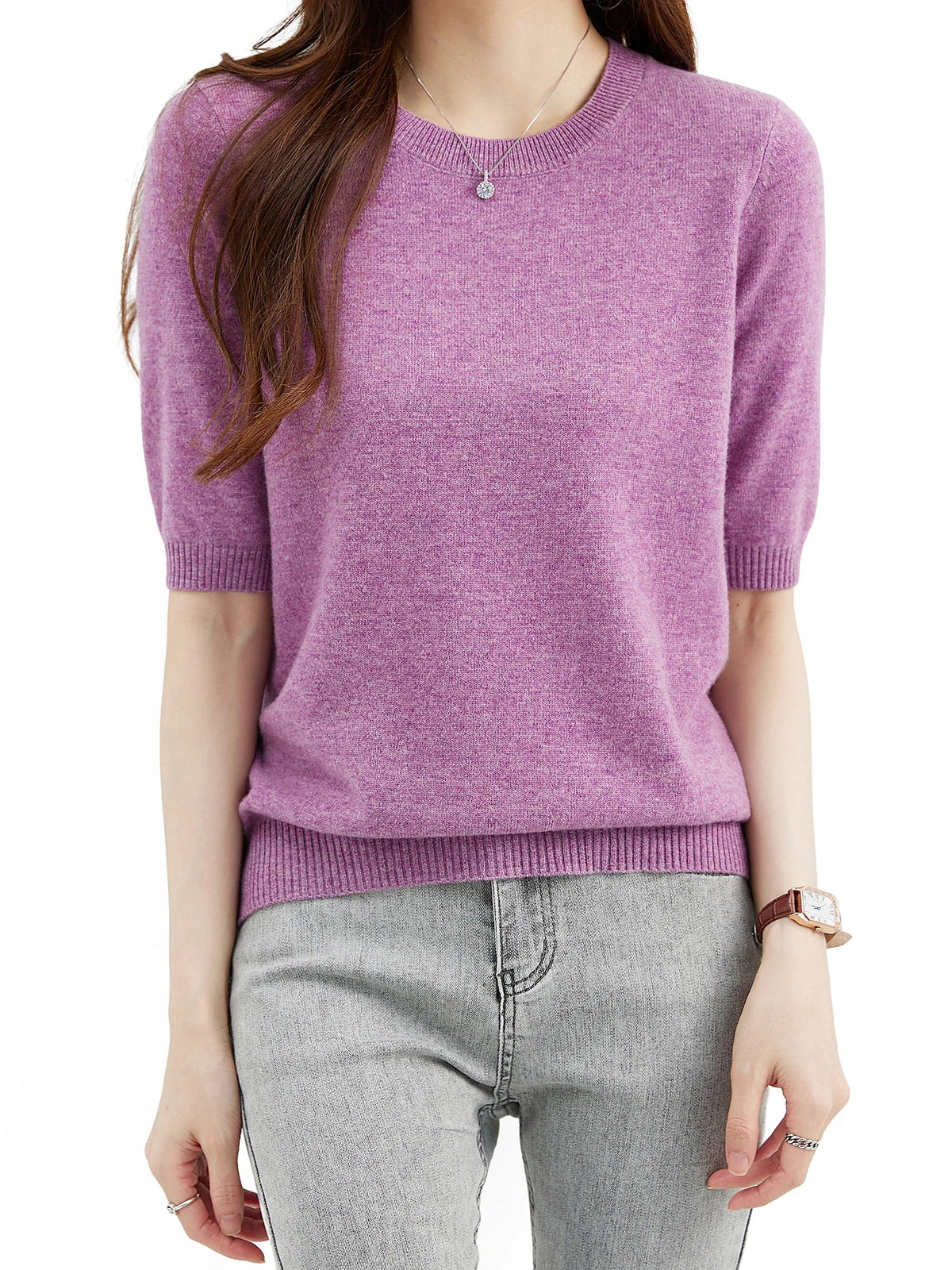 Women's short-sleeve knitted sweater, crew neck, ribbed hem
