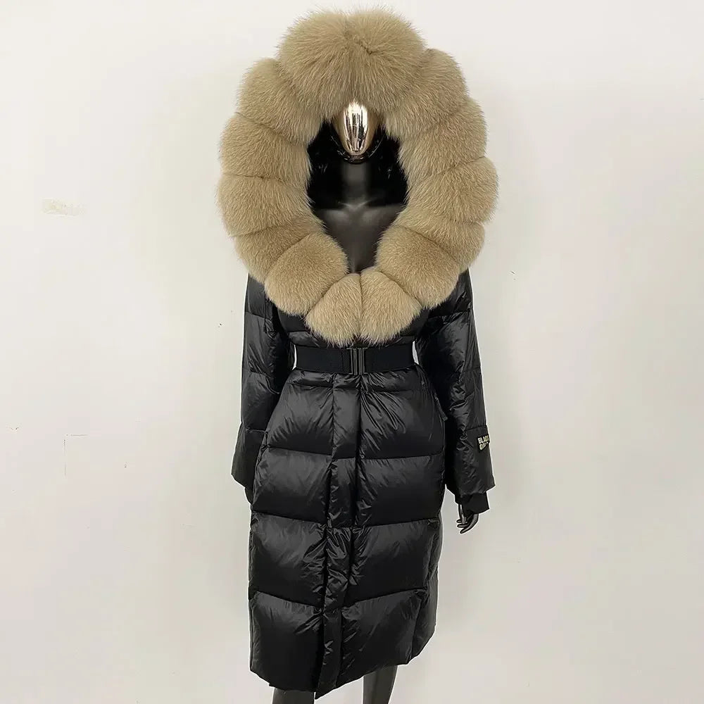 Women's long winter quilted coat with faux-fur hood and belt