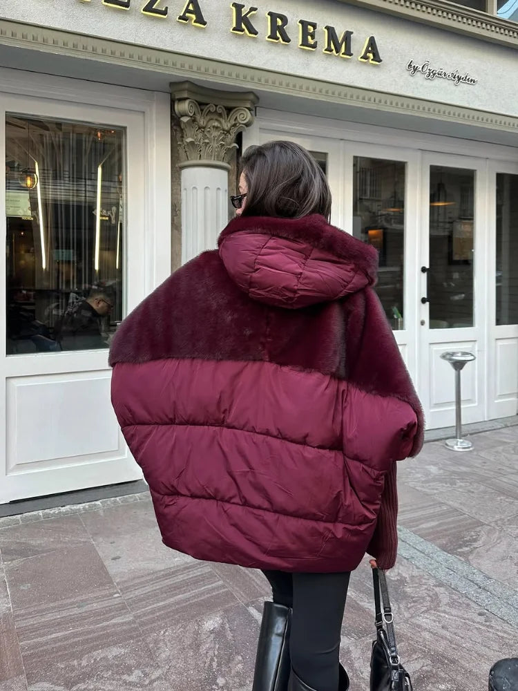 Damen Kapuzenjacke Fellimitat Steppdesign Braun Winterjacke