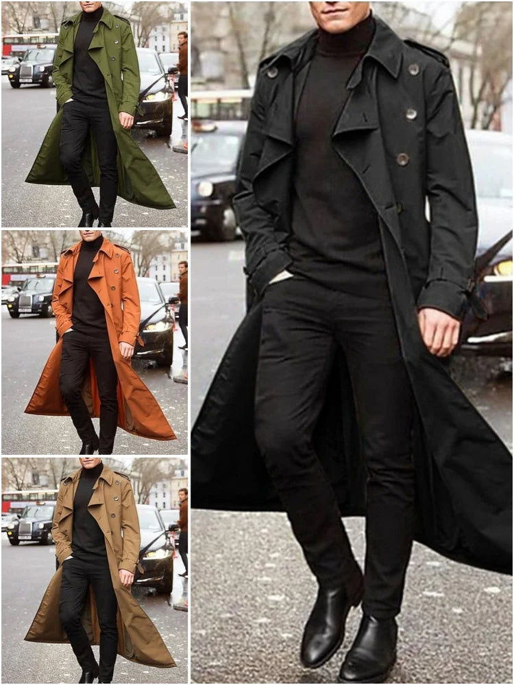 Men's Long Double-Breasted Trench Coat Khaki Black Green Orange