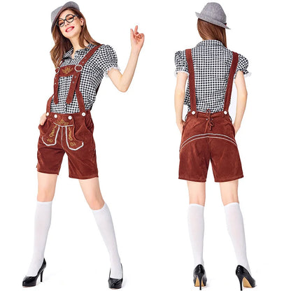 Women's Oktoberfest costume set: dirndl, lederhosen shorts, and checked shirt