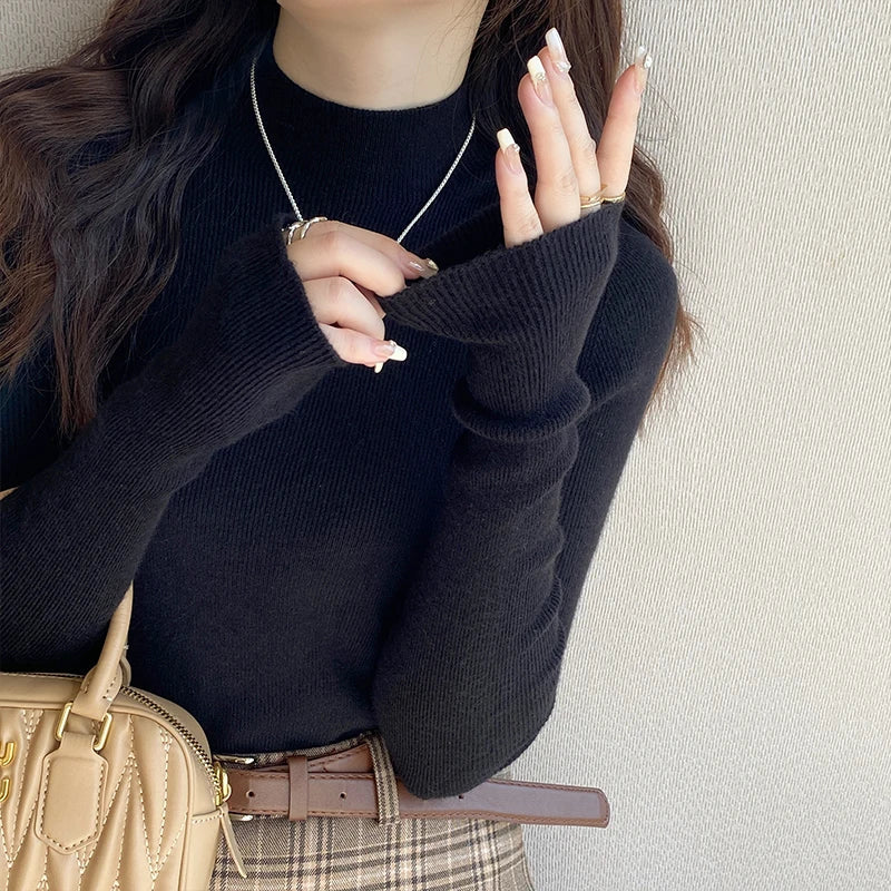 Women's rib-knit turtleneck sweater, long sleeve, close-fitting
