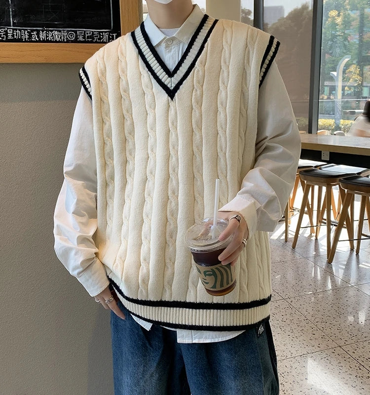 Unisex Strickweste V-Ausschnitt Zopfmuster College-Stil