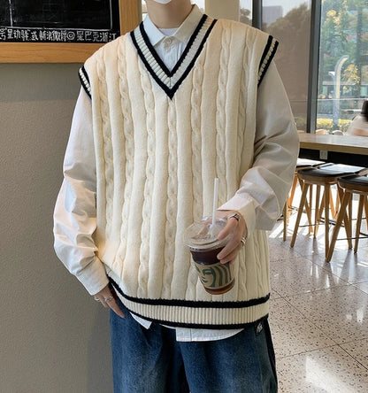 Unisex Strickweste V-Ausschnitt Zopfmuster College-Stil