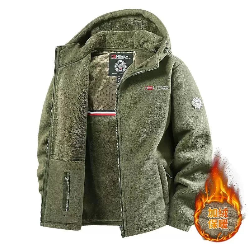 Men's outdoor fleece jacket with hood and zip closure, lined